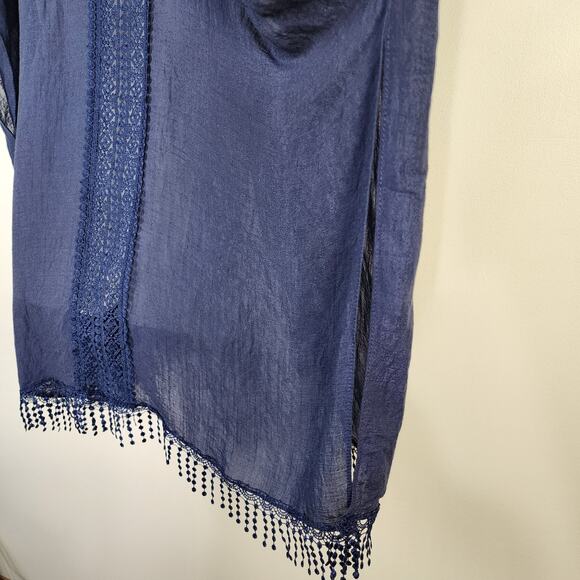 Steve Madden Cover Up Sheer Lace Inset Blue Kimono One Size Fringe Beach Swim - Picture 10 of 12
